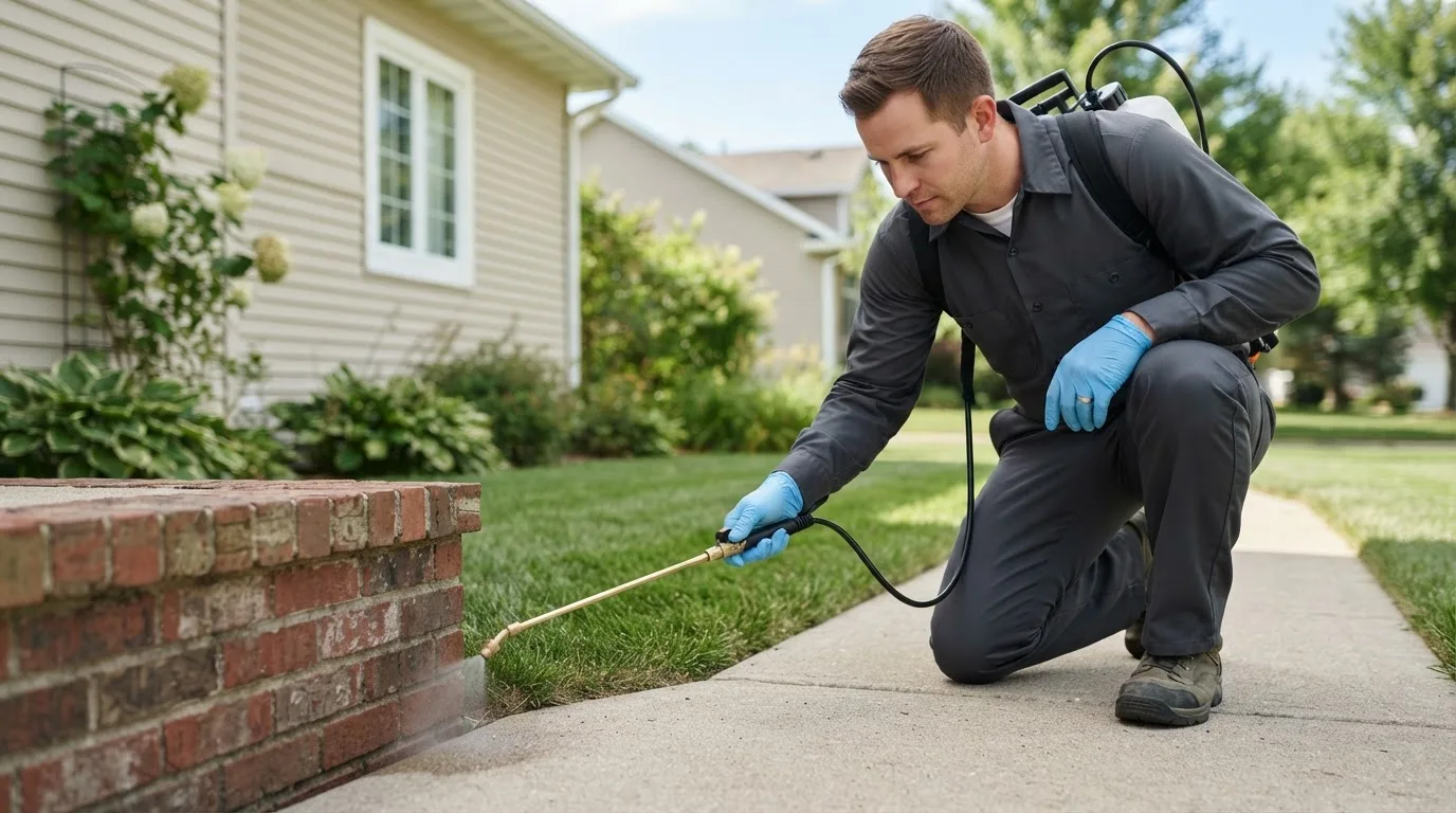 Pest control technician treating a home near Pleasanton, CA